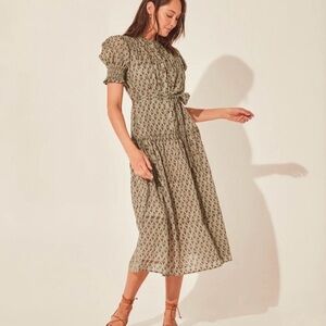 Daughters of India Olive green cotton Prairie Maxi Dress puff sleeve floral